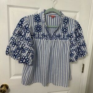 THML Blue and White Striped Embroidered Blouse